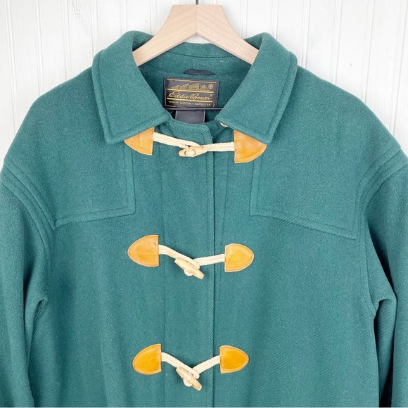 Vintage Eddie Bauer Duffle Coat Hunter Green Wooden Toggle Front Wool Jacket - Picture 3 of 11